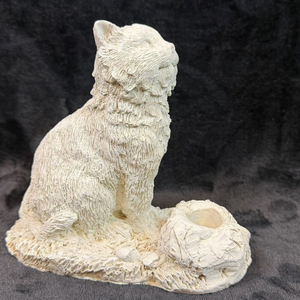 Cat Cast Plaster Fluffy Candle Holder Unpainted Ready to Paint Studio Art Statue